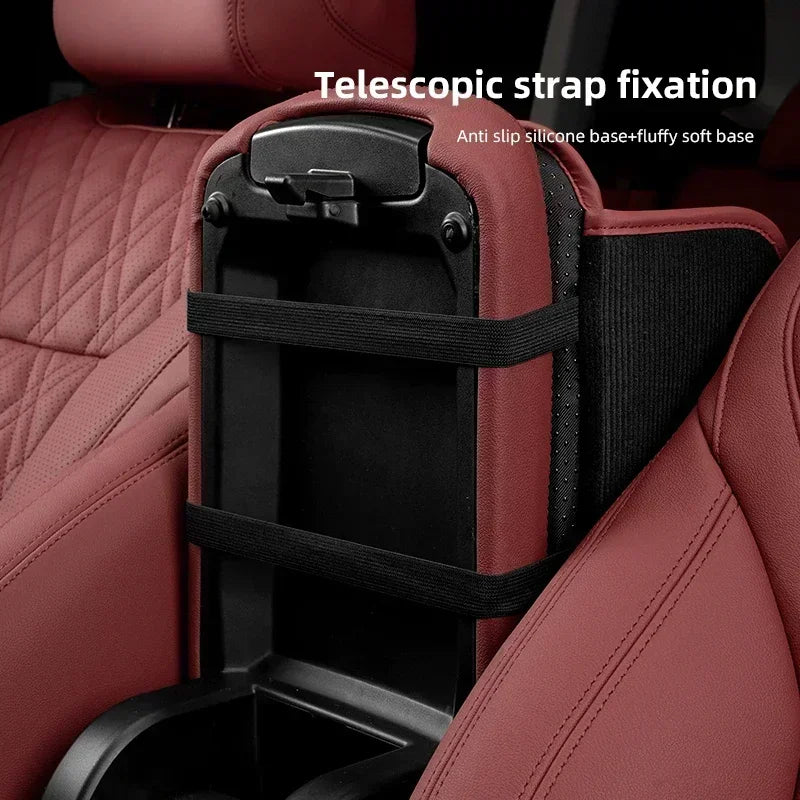 "Universal leather armrest pad for BMW E36, E46 models. Enhances comfort with storage pockets."