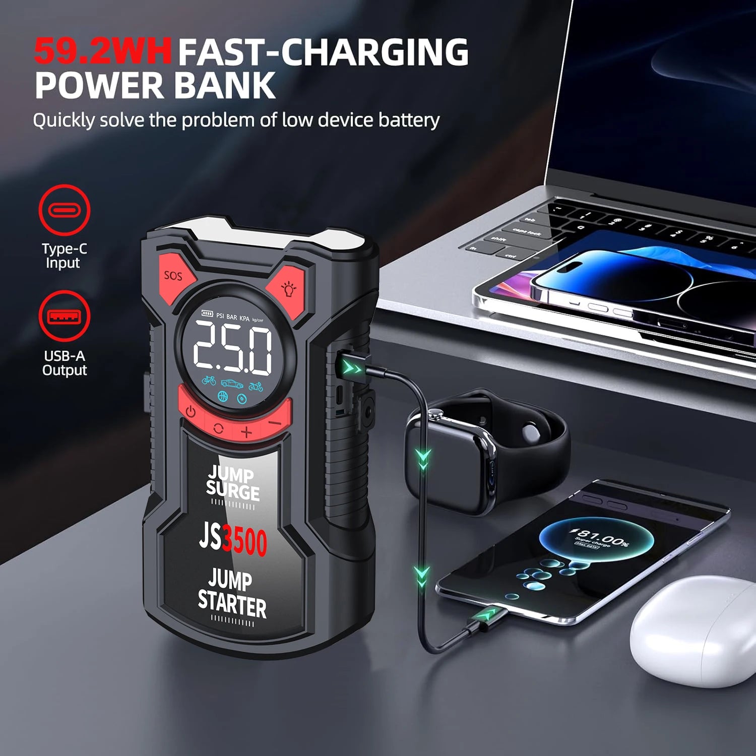 '5-in-1 Anker jump starter: air compressor + USB ports. Car emergency essential.'