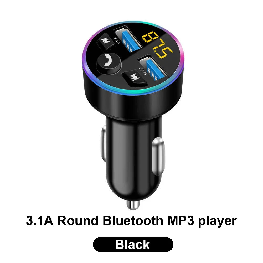 'Bluetooth 5.0 FM Transmitter + Fast Charge + MP3 Player. Fits: AUX-In cars. 1A each port.'