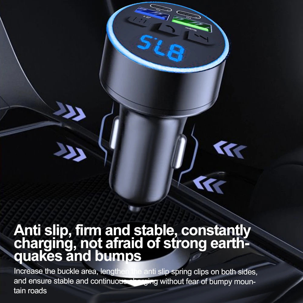 Car air vent-mounted Bluetooth 5.0 FM transmitter with 3.1A USB PD fast charging, hands-free calling. Fits most vehicles. Sle