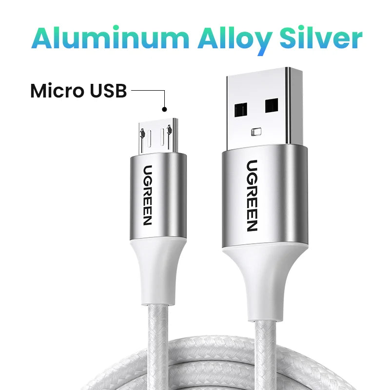 'Ugreen 2A Micro USB-C to USB cable in nylon. Fast charging for phones and accessories.'