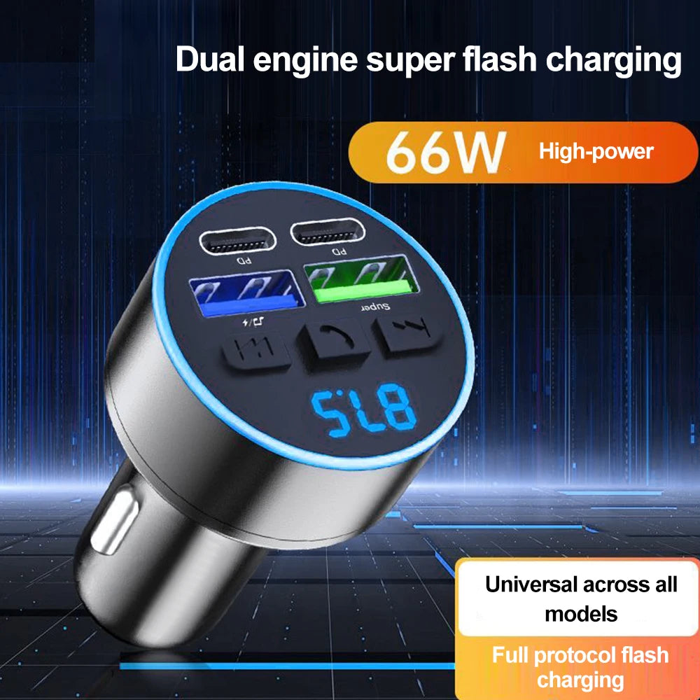 Dual-port car charger with Bluetooth 5.0 and 3.1A USB PD for fast charging of two devices simultaneously. Suitable for cars w