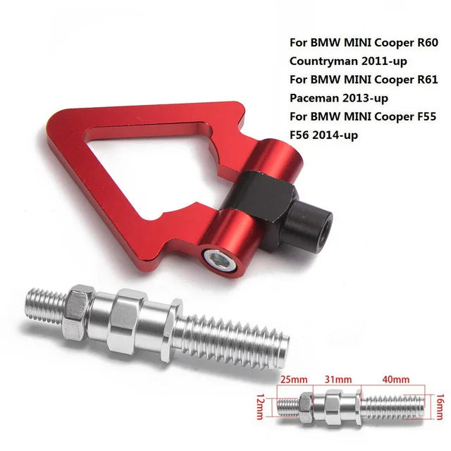 "Universal aluminum towbar for BMW E46, E36, E30, E90 models with JDM M10 tow hook attachment."