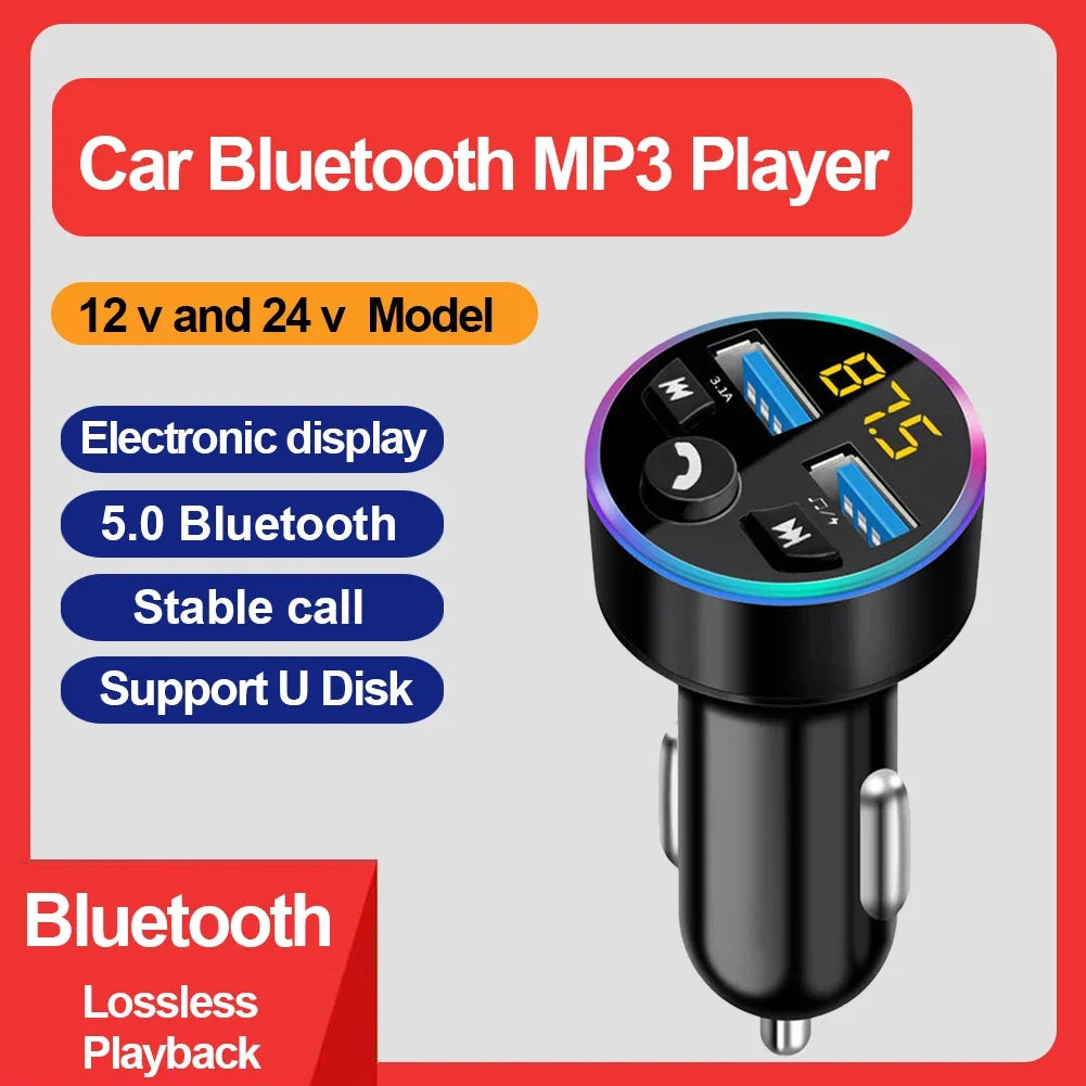 'Bluetooth 5.0 FM Transmitter with USB fast charging and MP3 playback — fits phones and tablets.'