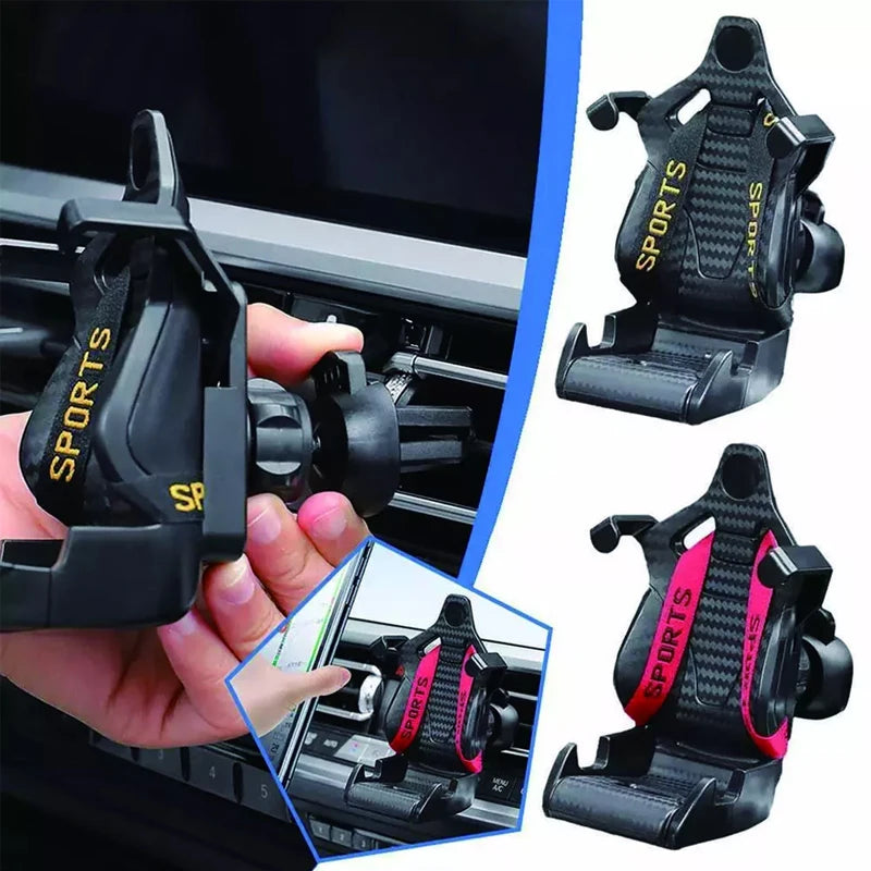 Person holding suction cup mounted phone holder against car racing seat. Fits various brands including iPhone and Samsung.