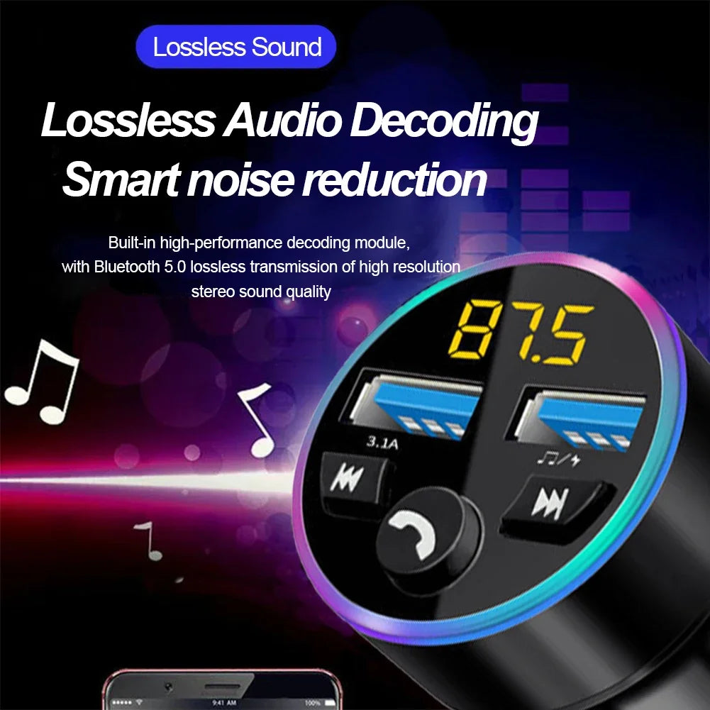 Bluetooth 5.0 car FM transmitter with MP3 player and fast charging. Enhance your in-car audio without cables.