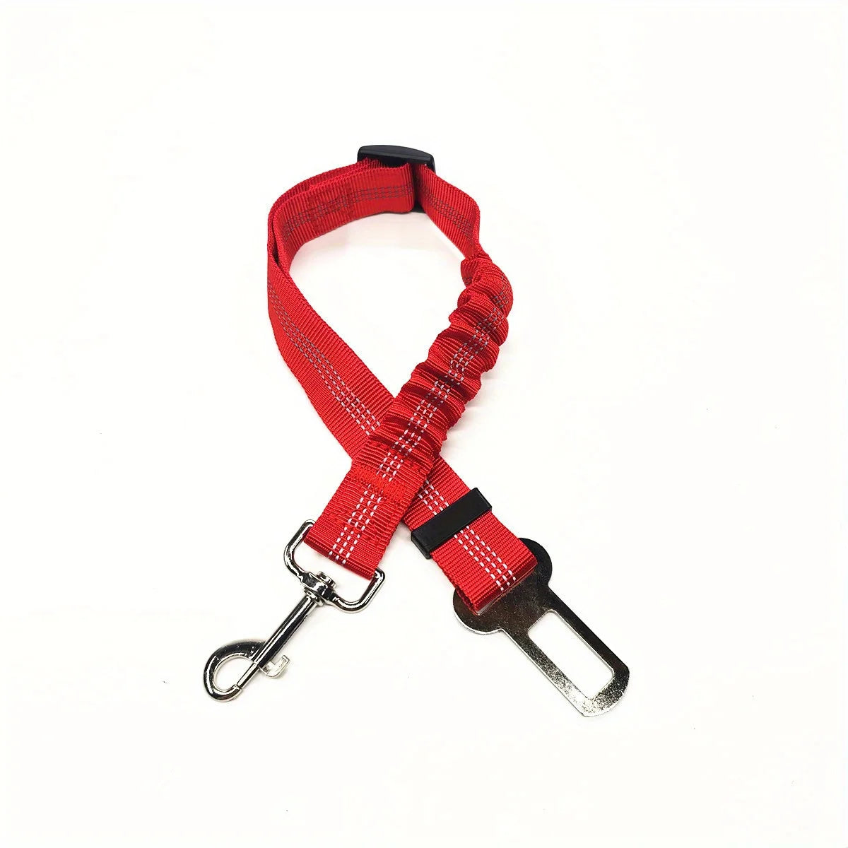 Red leash with metal hook — fits pet harness for vehicle travel. Suitable for dogs and small cats. Safety-tested accessory. P