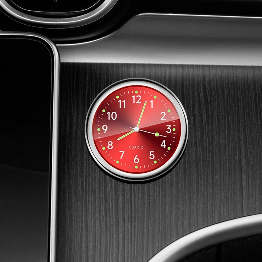 'Mini luminous car clock: 120mm diameter, red LED display, stick-on mount. Measures time in or near dashboard.'
