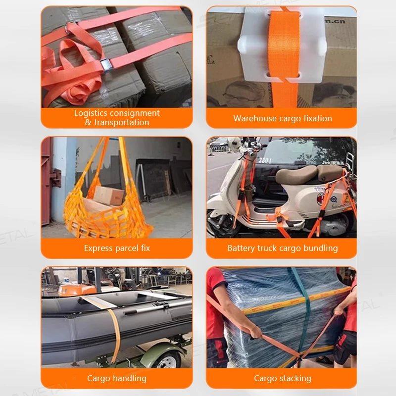 "3m/4m/6m Zinc Alloy Cargo Strap with Pressure Buckle. Secures luggage or roof racks on cars."