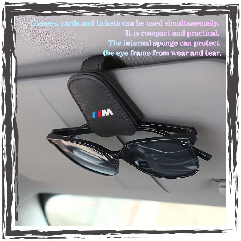 Magnetic leather clip for BMW E36, E39, E46 models. Holds sunglasses securely on car's air vent.