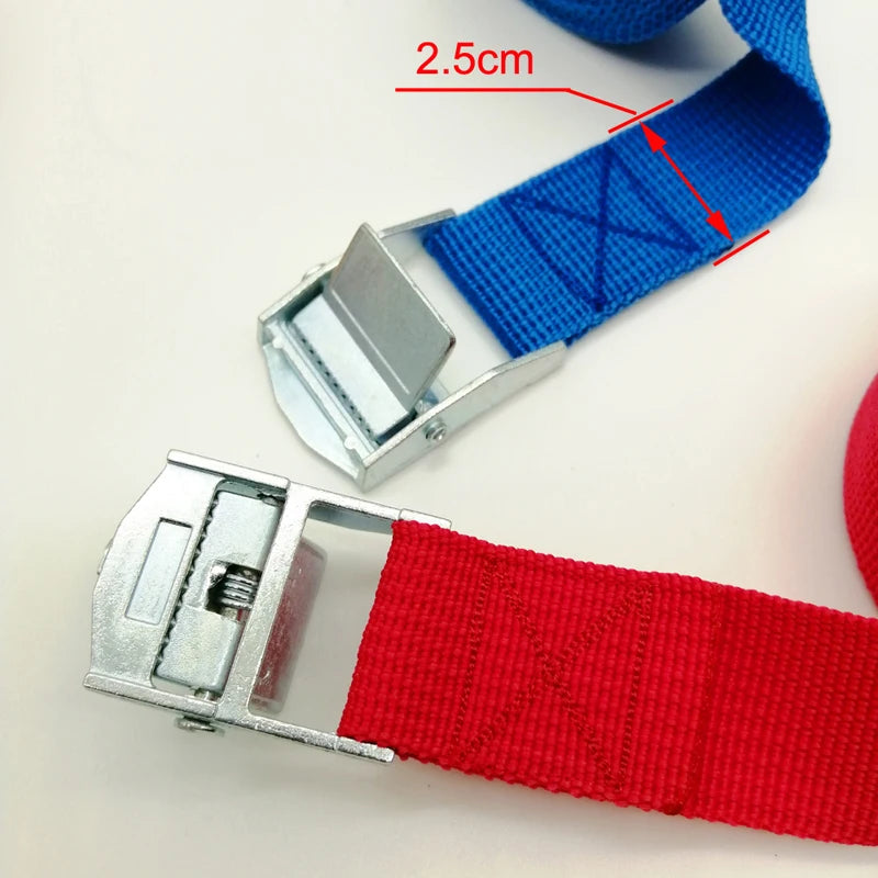 Red-blue cargo strap with metal buckle. Heavy-duty design for securing cars, motorcycles, bikes, luggage, and hauling.