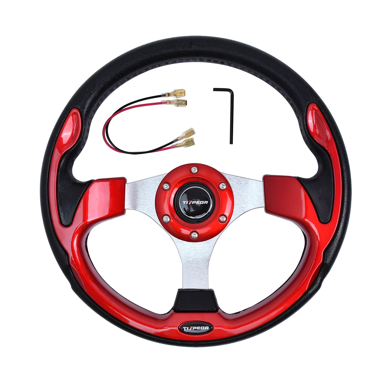 Universal Fit 13-inch racing style steering wheel with red leather grip and black spokes.