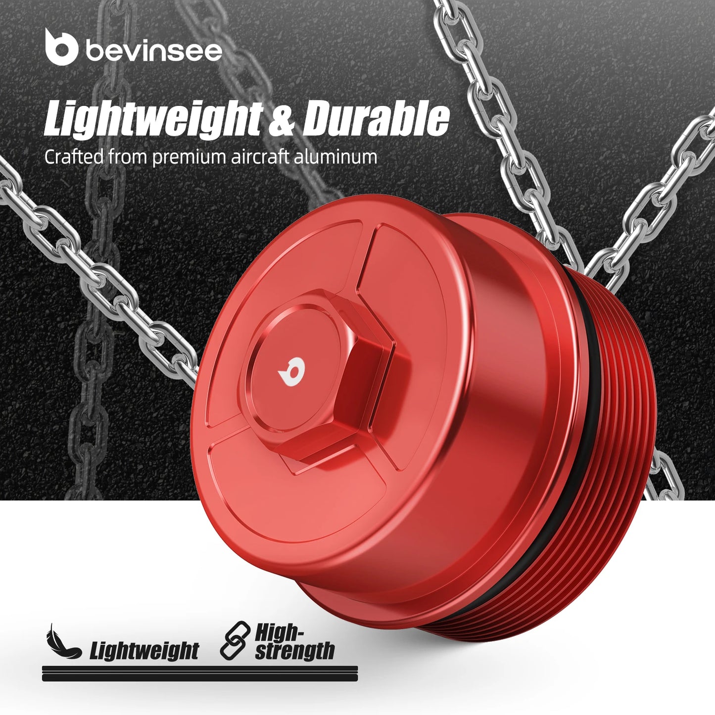 Red O-Ring oil filter cap with attached chain for BMW M52/M54, E46, E39, E36 Z4 engines.