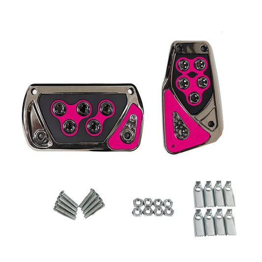 'Universal pedals in pink anodized aluminum. Front/rear. Bolt onto Harley VL bumper - fitting new energy vehicles.'