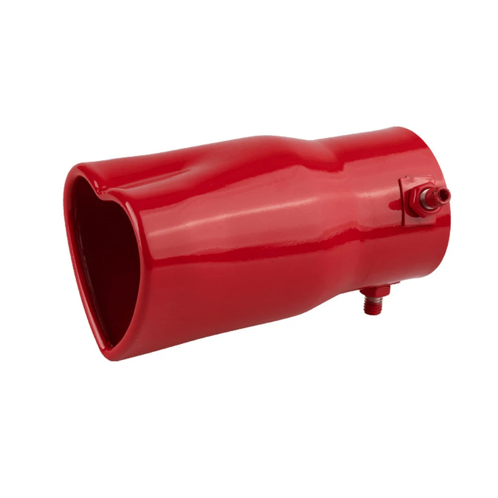 'Heart-shaped muffler with stainless steel body and red plastic holder—fits most 2.5” tail pipes.'