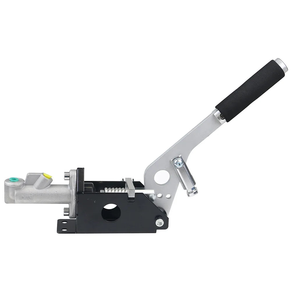 "Universal Hydraulic Drift Handbrake - Horizontal Racing E-Brake: Sleek black and white hydraulic component."