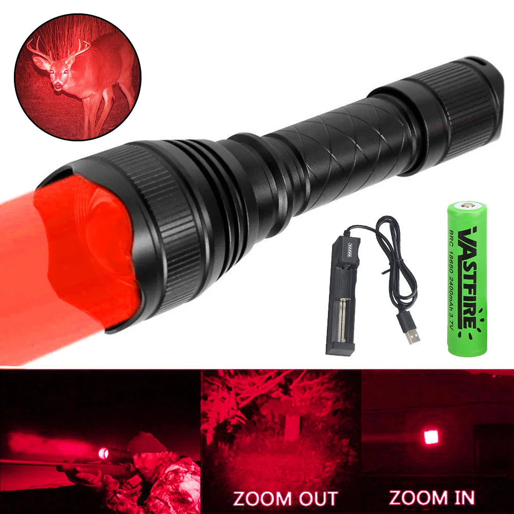 USB-recharged T21 hunting flashlight with integrated red laser sight.