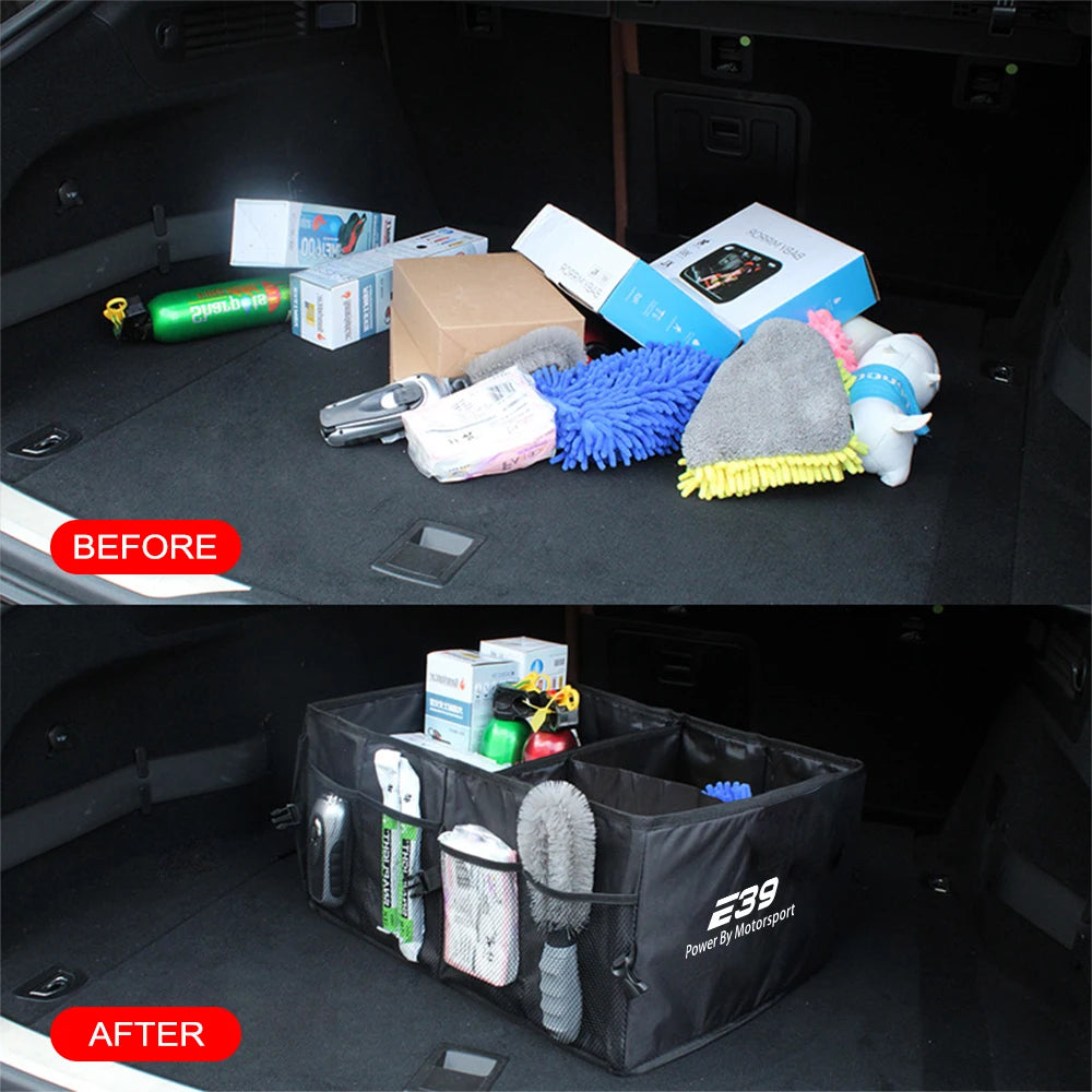 "BMW E36 E39 E46 Folding Trunk Organizer: Holds cleaning supplies for neat, clutter-free storage."