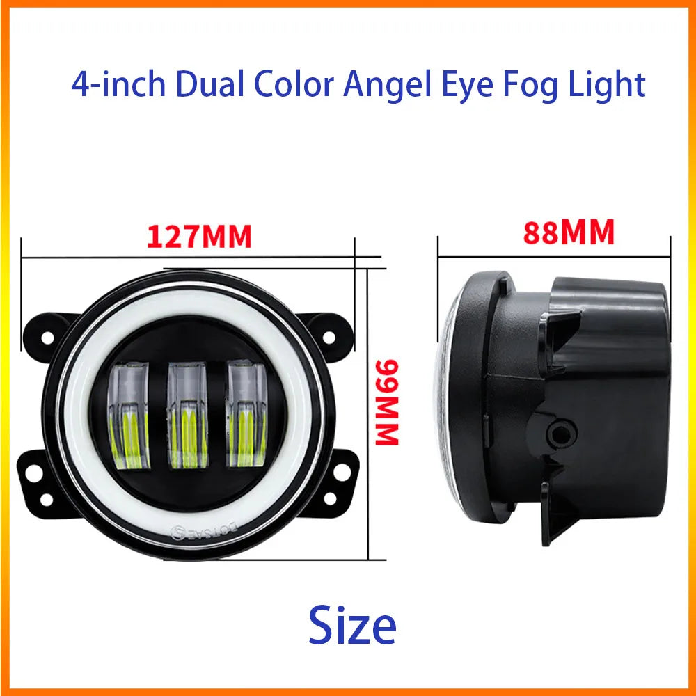 'Car LED Angel Eye Fog Lights - 4in dual color. Fits Jeep Wrangler High model. Diode-grade lighting.'