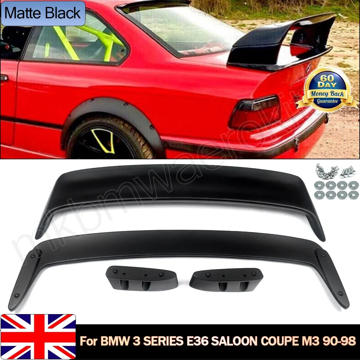 Black GT Style rear spoiler for BMW E36 M3 Sedan or Coupé.