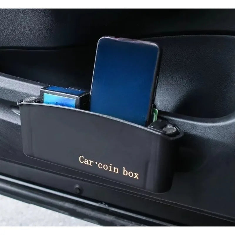 'Car phone holder in multi-function storage box for door or trunk.'