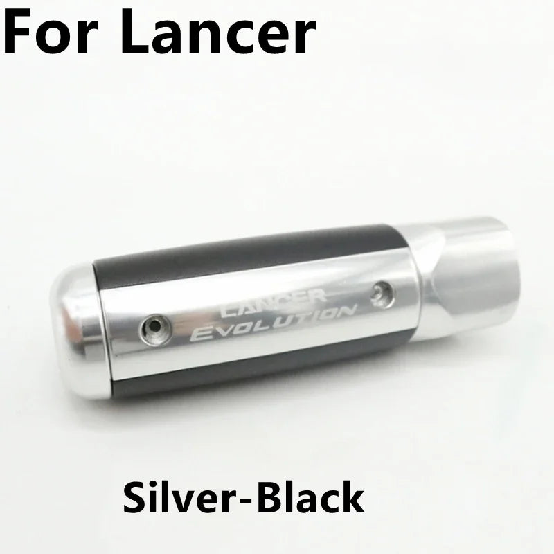 "Aluminum handbrake cover in silver and black finish for select Mitsubishi models: Lancer, ASX, Outlander, Evo."