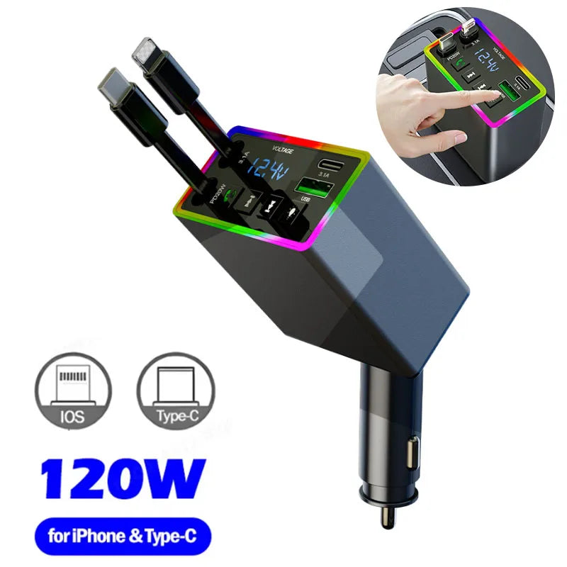 'Car FM transmitter with Bluetooth and fast charge. Retractable antenna, 4-in-1 audio input.'