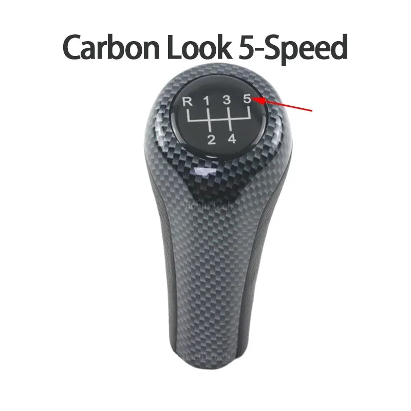 BMW 5/6-speed gear shift knob in carbon finish. Fits E30, E36, E46, E90, E60, X5, Z4 models.