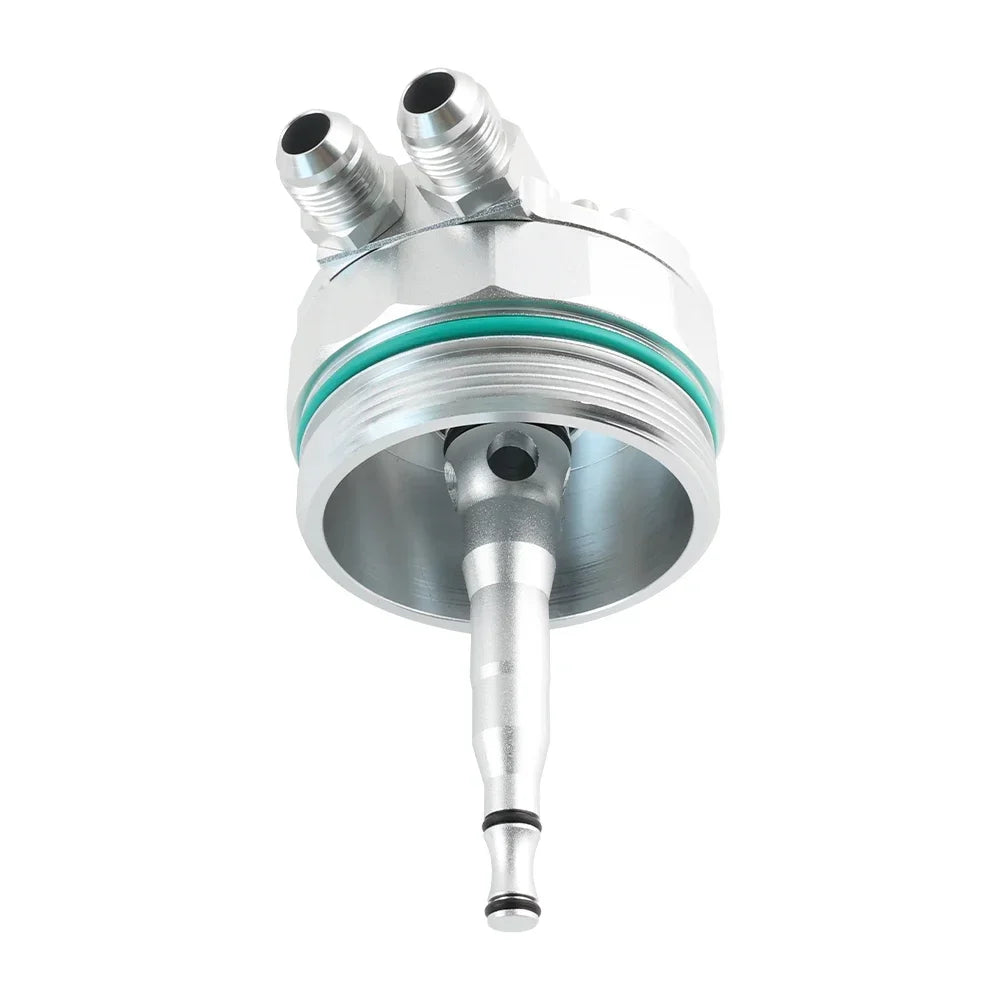 Oil filter cap with cooler ports for BMW M52/M54 E46 E36 Z4 E39. Close-up view of the fuel pressure sensor.