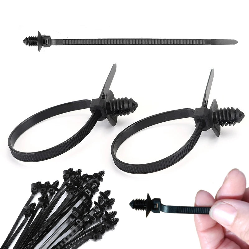 'Black nylon cable ties (10pk) - secure wiring for TV or electronics. Universal push-mount design with threaded ends.'