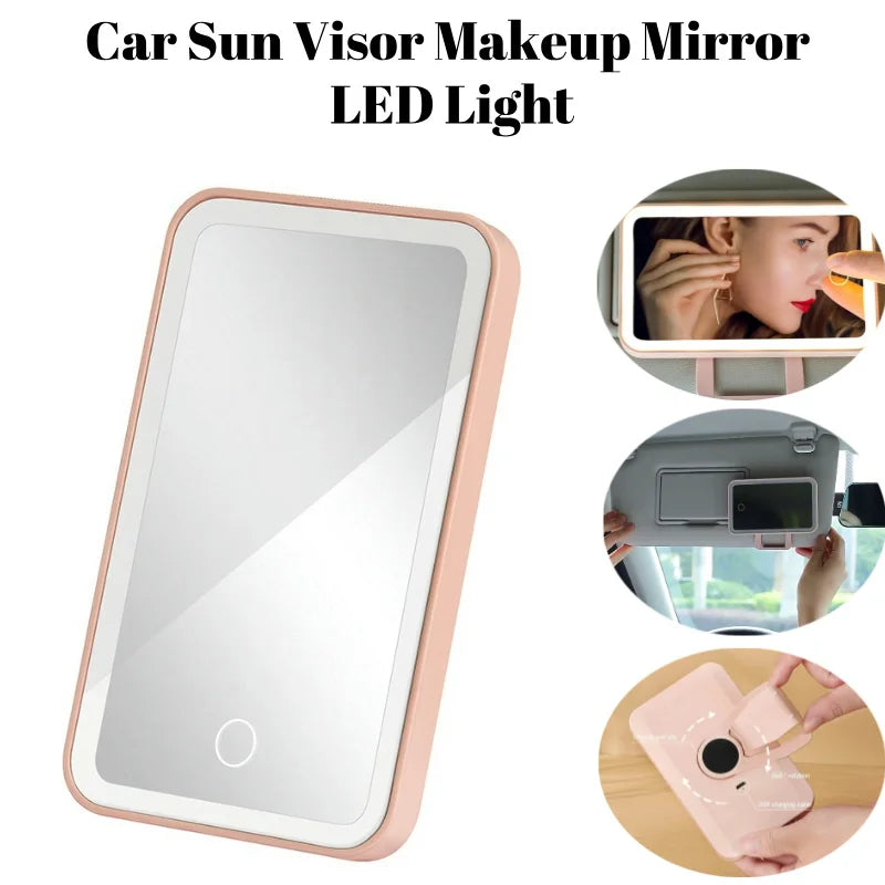 'Car interior mirror with LED lighting — fits near visor for makeup or grooming. Measures approximately HxW: 8x6cm.'