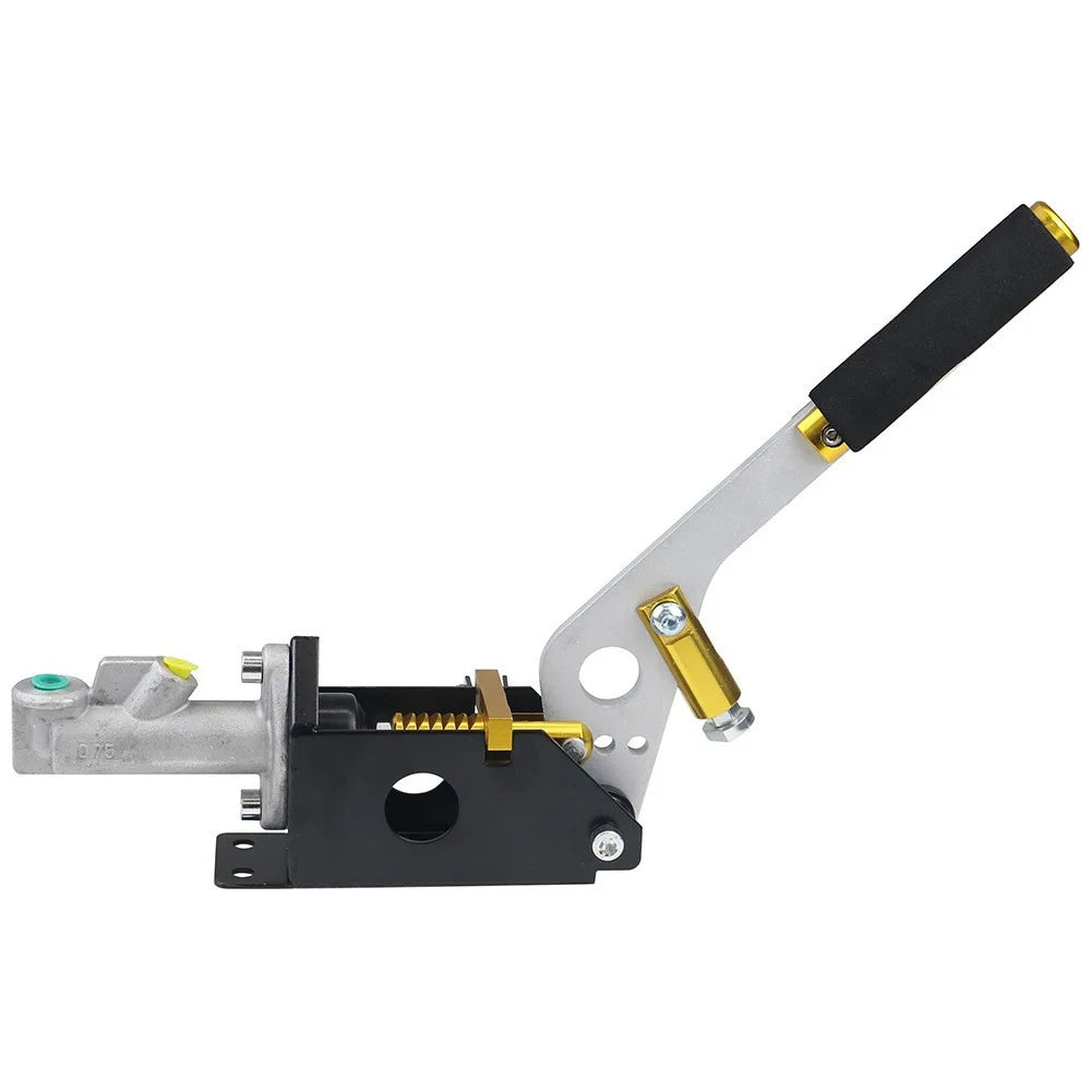 Yellow and black hydraulic handbrake with gripped handle.