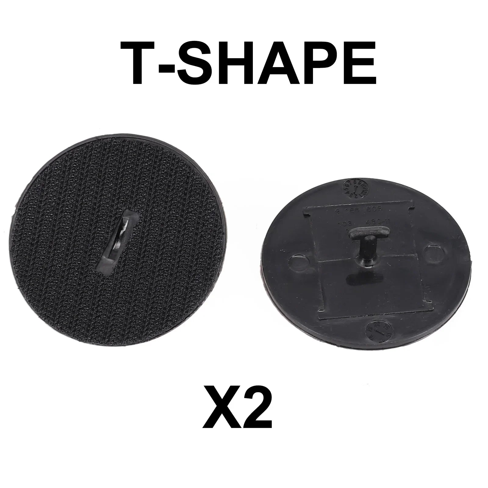 Two black T-shaped BMW/MINI floor mat clips.