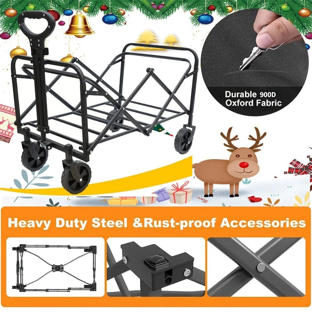 'Heavy-duty folding wagon. All-terrain, 360° rotation. Built for serious hauls.'