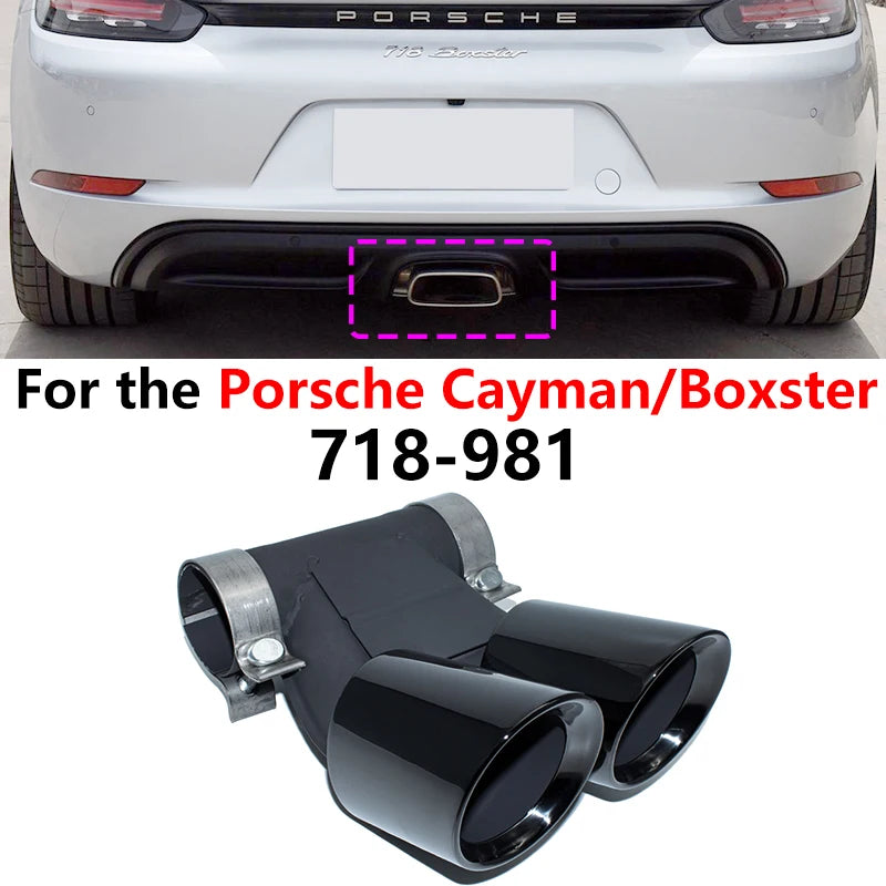 Dual outlet Porsche Cayman/Boxster exhaust tip for select models (2009-2024). Enhances performance and improves exhaust flow.