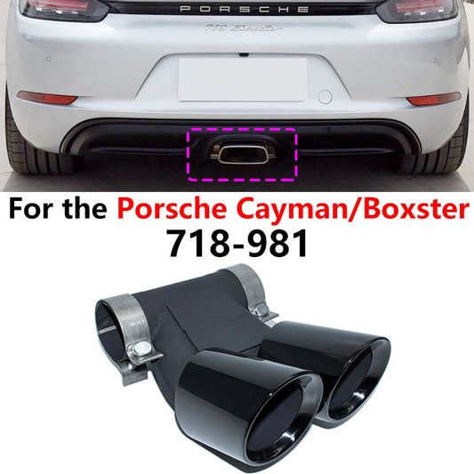 Dual outlet Porsche Cayman/Boxster exhaust tip for select models (2009-2024). Enhances performance and improves exhaust flow.