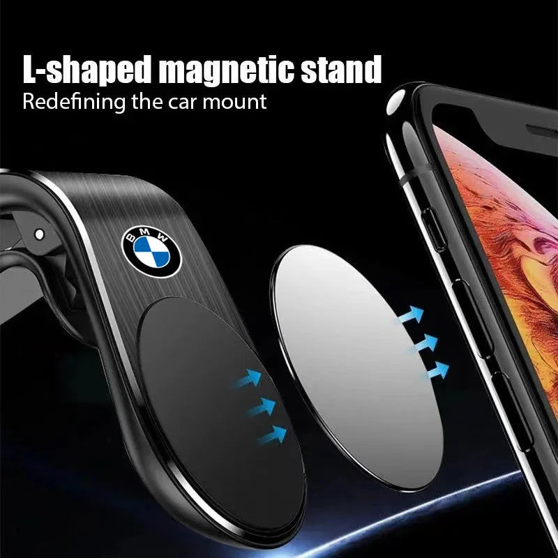 "BMW E36, E46, E39 compatible magnetic car phone holder mount. Securely displays your device for hands-free use while driving