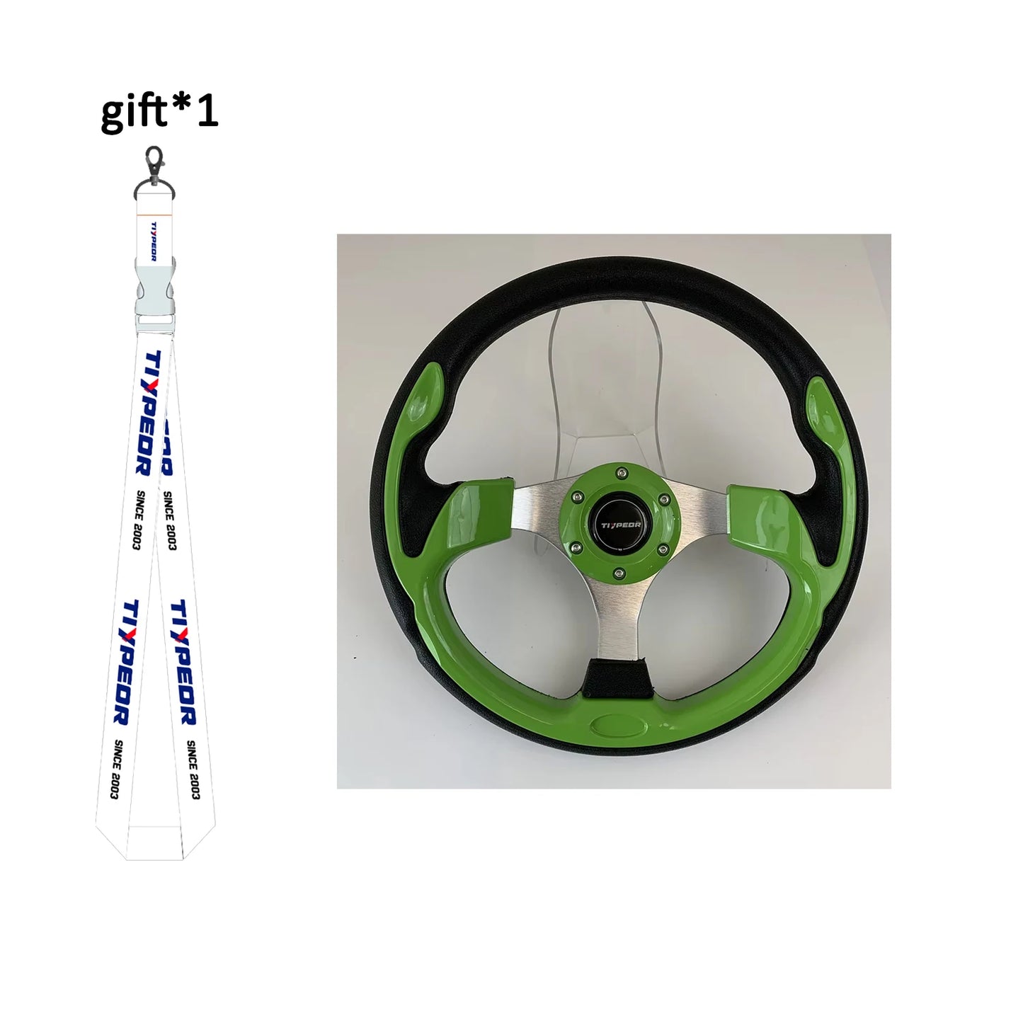 Universal Fit 13" racing-style steering wheel in green and black finish.